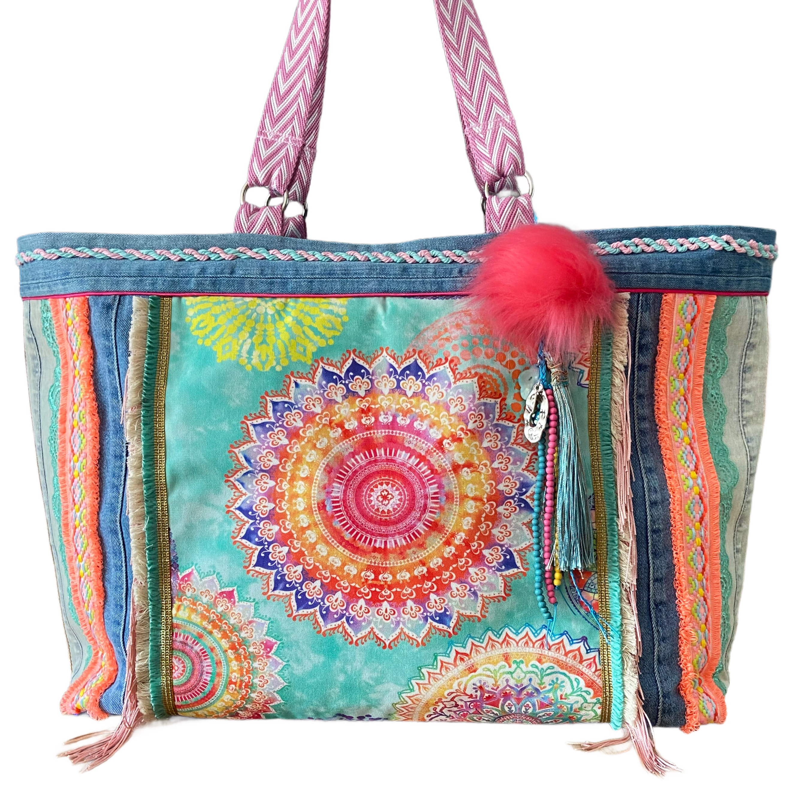 Large Boho Beach Bag Made from Canvas & Recycled Jeans – Handmade