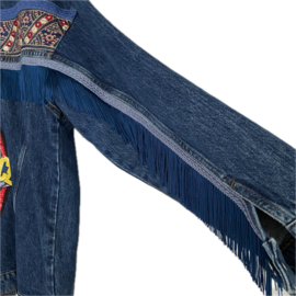 Versierde oversized spijkerjas met Love&Peace mond patch en franje, donker blauw