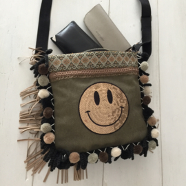 Canvas schoudertas met smiley patch en pompons