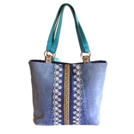 Tote handbag jeans Ibiza style in turquoise