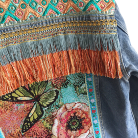 Embellished denim jacket with flowers butterfly in orange turquoise