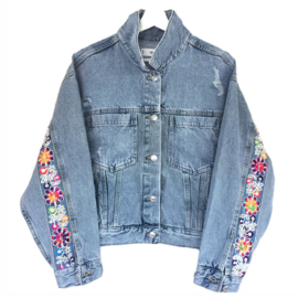 Embellished denim jacket with multi colored flower patches
