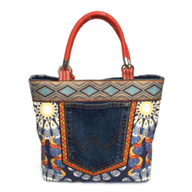 Grote handtas in Ibiza stijl in blauw en oranje met bloemen