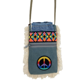 Phone bag in Ibiza style with Aztec pattern and peace patch