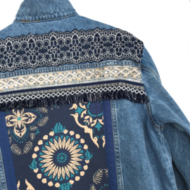 Embellished denim jacket blue with ornaments and wide trims