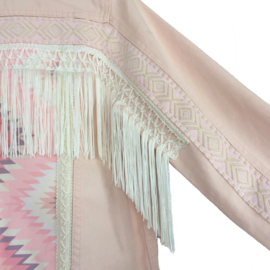 Pink decorated denim jacket in Aztec style with fringe