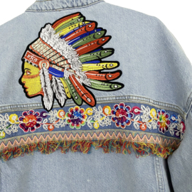 Embellished denim jacket with big Indian patch and flower ribbons
