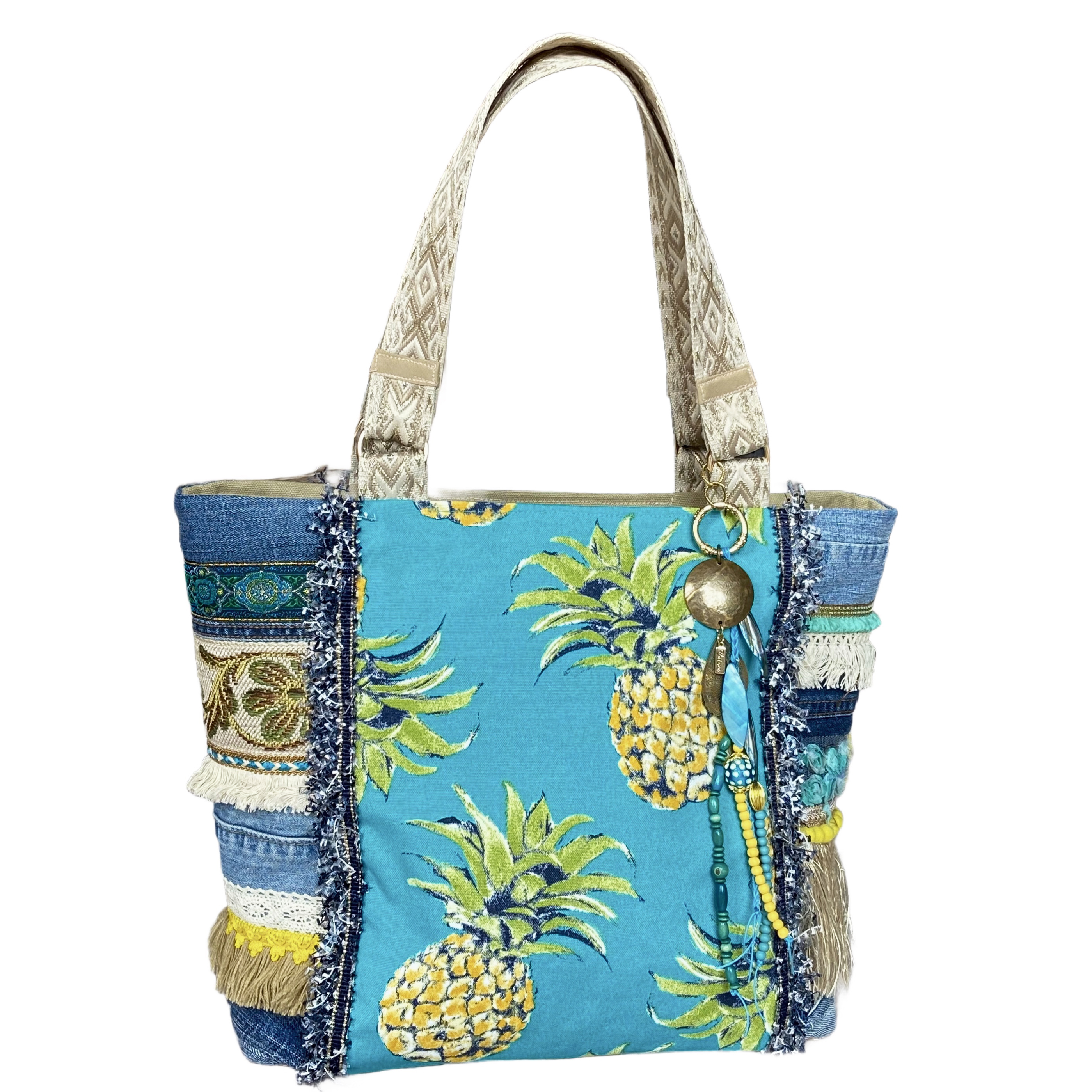 Handgemaakte canvas handtas met ananasprint, denim details en panterprint voering