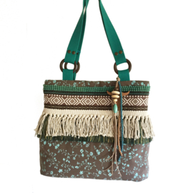 Tote handbag in brown and turquoise with fringe
