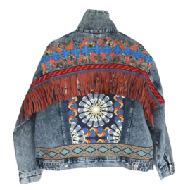 Embellished denim jacket boho orange blue with fringe