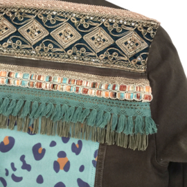 Khaki denim jacket boho style embellished with fringe and trims