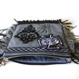 Halloween purse creepy black grey with cross and fringe