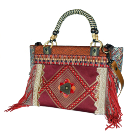 Handbag boho style brown red with fringes and flower