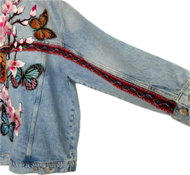 Embellished denim jacket with big flowers and butterflies, oversized in light blue