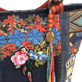 Tote handbag in blue and orange Iibza style flowers