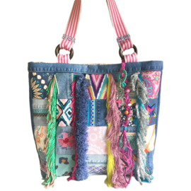 Grote tote handbag patchwork jeans met gekleurde stof in Ibiza stijl