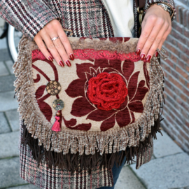 Hippie schoudertas rood bruin met bloem en franje