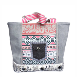 Tote handbag with soft grey old jeans and pink Aztec fabric