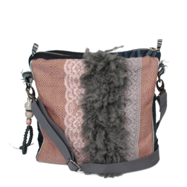 Boho crossbody with flowers in grey and pink