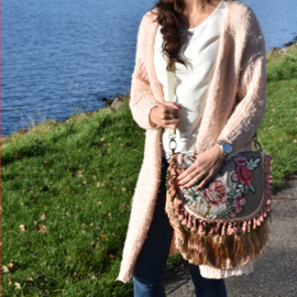 Hippie crossbody bag with flower patch and fringes