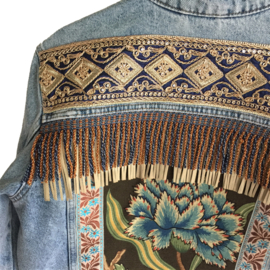 Embellished denim jacket bohemian with flower and fringe