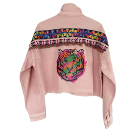 Embellished denim jacket pink with colored tiger head and decoration ribbons