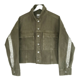 Embellished khaki jacket boho style with trims, fringe and tassels