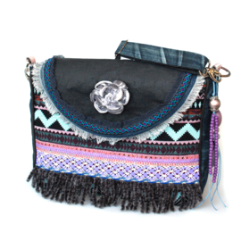 Crossbody in Aztec style blue with fringes and flower