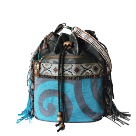 Bucket bag boho in brown turquoise with fringe