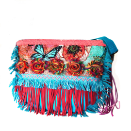 Hippie schoudertas met bloemen turquoise rood