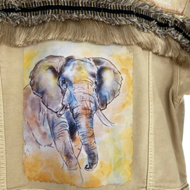 Embellished khaki jacket with elephant and fringe