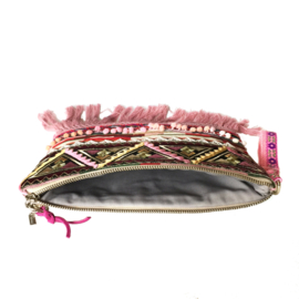 Clutch bohemian stijl oud roze met franje