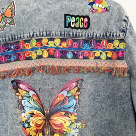 Upcycled denim shirt with butterflies, peace and colored trims