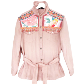 Pink embellished jean jacket boho western style with flowers