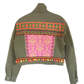 Embellished khaki denim jacket with neon colors and pompons