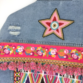 Embellished denim jacket Ibiza with star and pompons