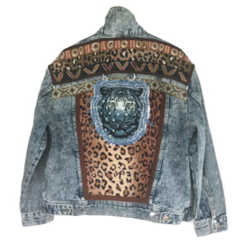 Embellished denim jacket with leopard print and tiger head