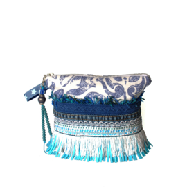 Toilettasje boho stijl blauw wit met franje