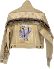 Embellished khaki jacket with elephant and fringe