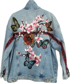 Embellished denim jacket with big flowers and butterflies, oversized in light blue