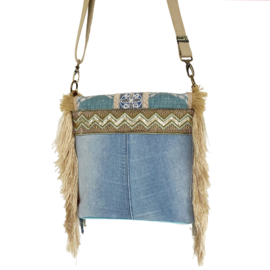 Boho schoudertas in Navajo stijl met franje en oude jeans