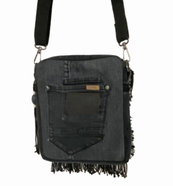 Crossbody tas met Noors patroon van wollige stof met oude denim en franje