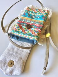 Phone bag in Ibiza style with Aztec pattern and peace patch