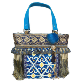 Boho tote handbag blue yellow with fringe and tassels