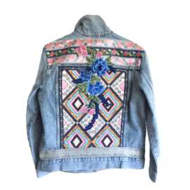 Embellished denim jacket Ibiza style in blue and pink