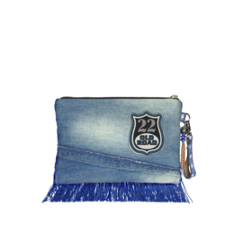 Boho clutch in blauw en oker geel met franje