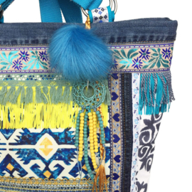 Tote handbag in turquoise yellow boho style