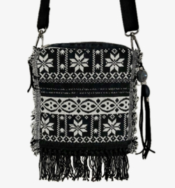 Crossbody tas met Noors patroon van wollige stof met oude denim en franje