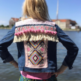 Embellished denim jacket blue pink with big pompons