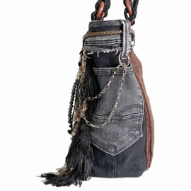 Tote handtas in Navajo stijl in zwart en bruin met oude spijkerstof